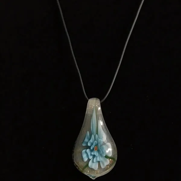 Opaque Gold& Blue Flower Glass Pendant Rubber Cord Necklace With Extend New - Image 4