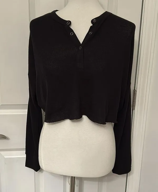 Cute Black Urban Outfitters Long Sleeve Henley Crop Top - Image 3