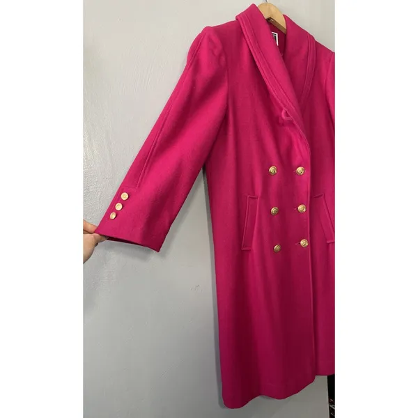 Vintage Fuchsia Pink Trench Coat Womens Size 14 Wool Double Breasted Glam 80s - Image 4