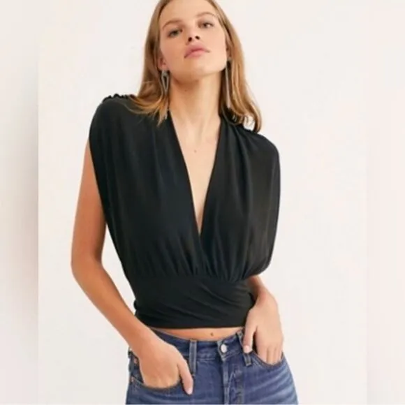 Free People Womens Going Out Black Mesh Sleeve Crop Top Black XS - Image 3