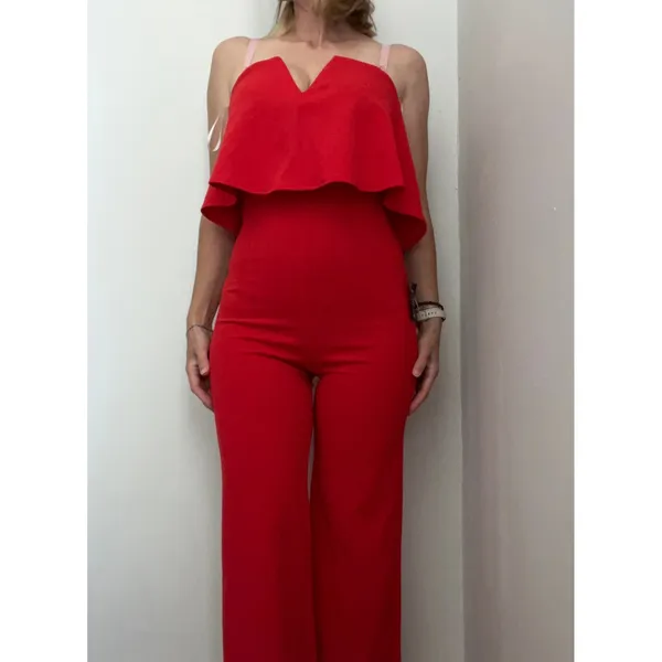 Lulu’s Red Strapless Wide‎ Leg Jumpsuit XS Classic Minimalist Chic Wedding Guest - Image 3