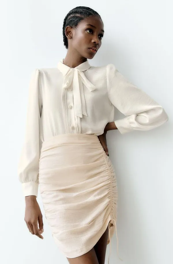 ZARA blouse shirt top satin effect jewel button neck bow - Image 2