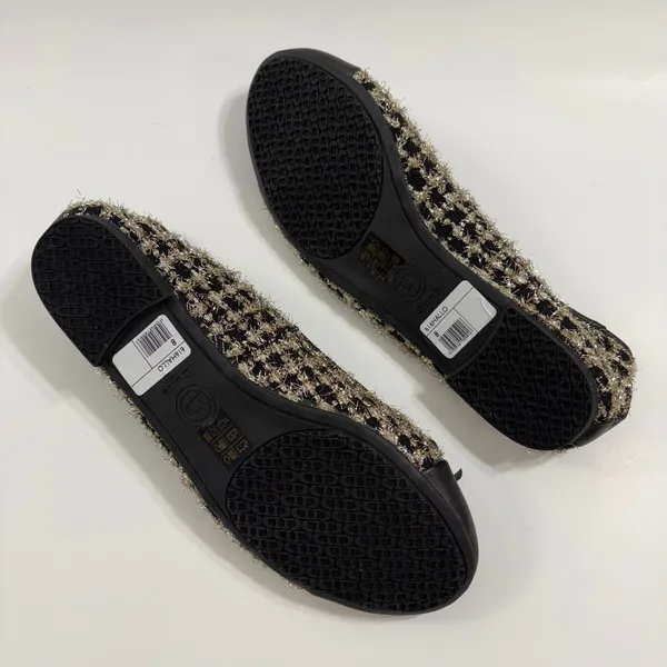 Dune London Hallo Ballet Flats 8 Black Gold Tweed Metallic Bow Logo Charm - Image 6