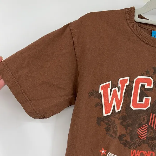 Vtg Y2K Wckd Graphic Tee Womens Top Sz Small Grunge Indie Street Brown Retro USA - Image 7