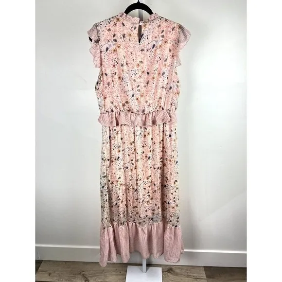 Ellison Pink Floral Polka Dot Mixed Print Ruffle Tiered Midi Dress Size L - Image 10