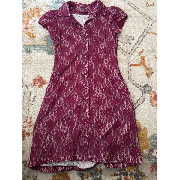 Ave Maria Magenta Floral Lace Button Down Dress Short Sleeve Polka Dot Lining S - Image 2