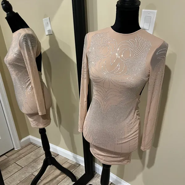 Rhinestone Open Back Mini Dress Slim Fit Mock Neck Backless Long Sleeve Tan Dress Party Dress Prom Wedding - Image 3