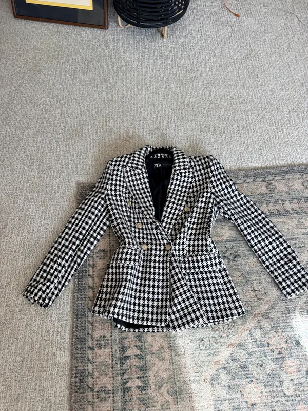 Zara houndstooth double breasted gold button oversized blazer jacket M  - Image 12