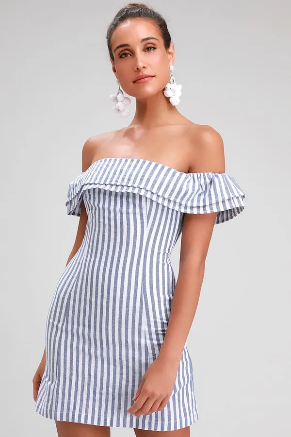 New Lulus Seaside Skipper Blue Striped Off-the-Shoulder Mini Dress - Image 2