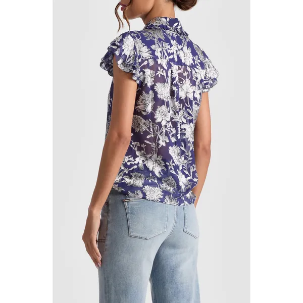 Alice + Olivia Layered Ruffle Sleeve Shirt Blouse Navy Blue Floral Silk Small - Image 4