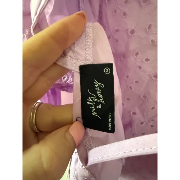 Milk & Honey Lavender Eyelet Ruffle Crop Top Purple Lace Up Back Long Sleeve M - Image 4