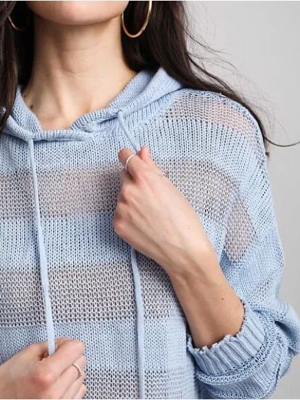 BKE Ribbed Open Weave Hooded Cropped Knit Sweater Kentucky Blue Size Large - Image 3