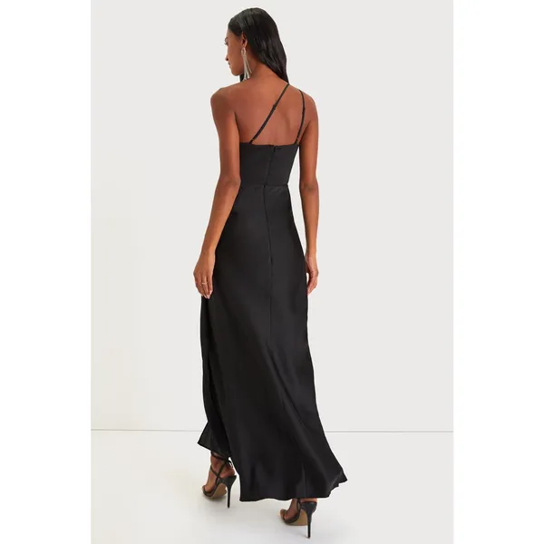 Lulus Signature Elegance Black Satin One-Shoulder Maxi Dress Gala Holiday Small - Image 4