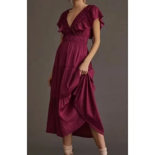 Anthropologie Ruffled Tiered Midi Dress Raspberry Romantic Cottagecore‎ Boho SM - Image 3