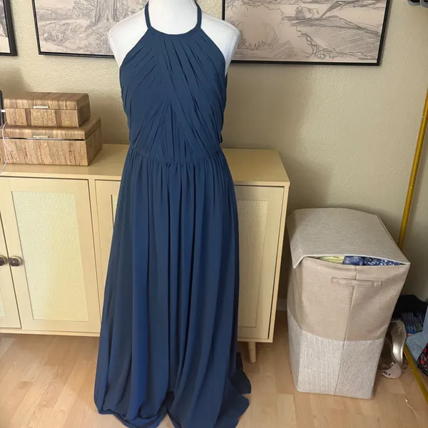 THEIA Allison Backless High Neck Bridesmaid‎ Dress in Denim Slate Blue Sz 10 - Image 3