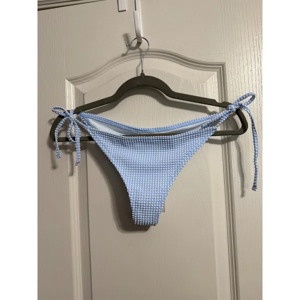 Roxy Blue Gingham Seersucker Side Tie Low Rise Cheeky Bikini‎ Bottom Swimsuit - Image 3