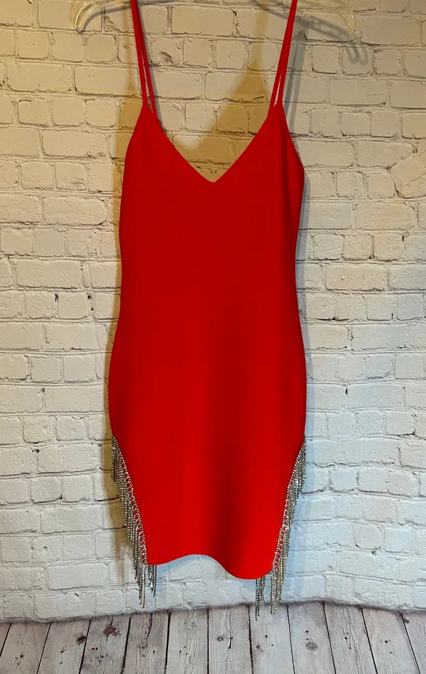 Red Bandage Dress With Rhinestone Fringe - Image 2