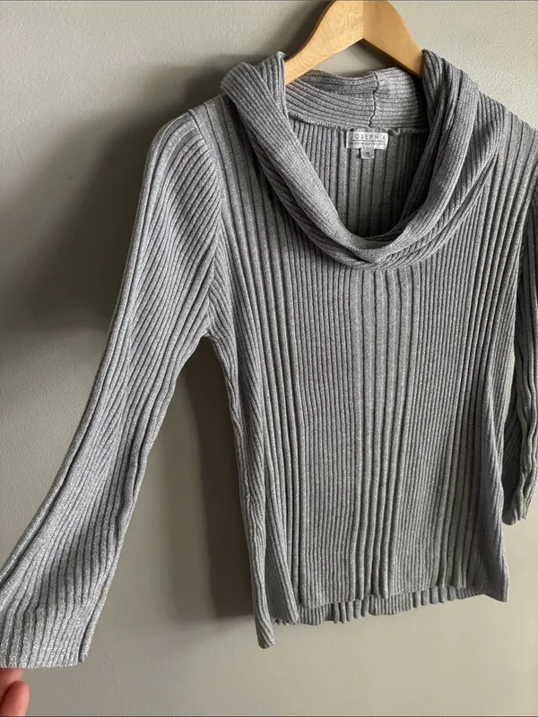 Joseph A Women’s M Silver Metallic Lurex Ribbed Cowl Neck Sweater Y2K - Image 3