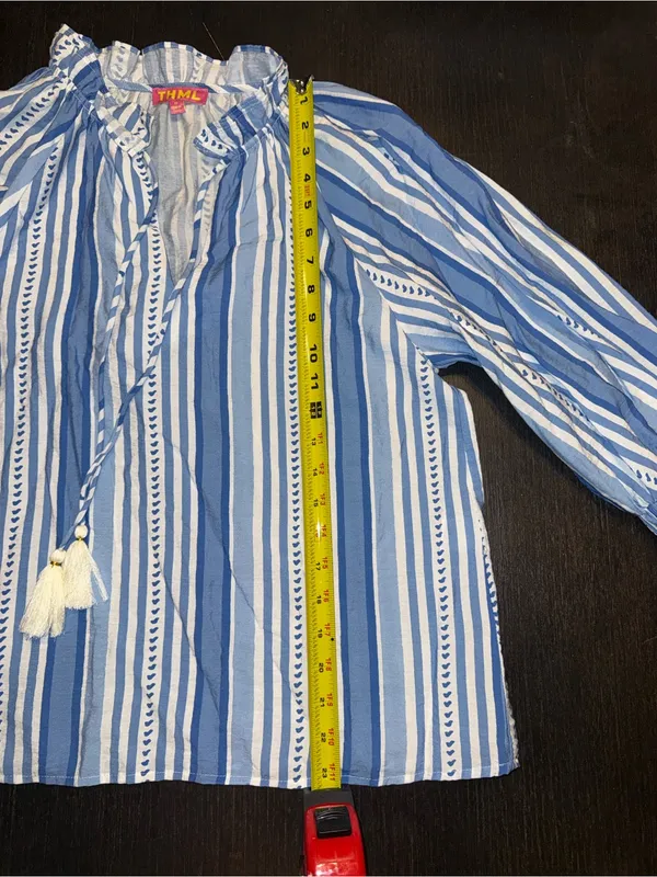 THML Thalia Blue & White Striped Tie-Neck Blouse Coastal Prep Boho Flair - Image 5