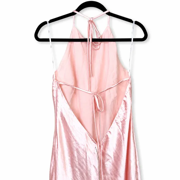 NEW Lulus Magnificence Blush Pink Glossy Satin Backless Halter Maxi Dress Large - Image 9