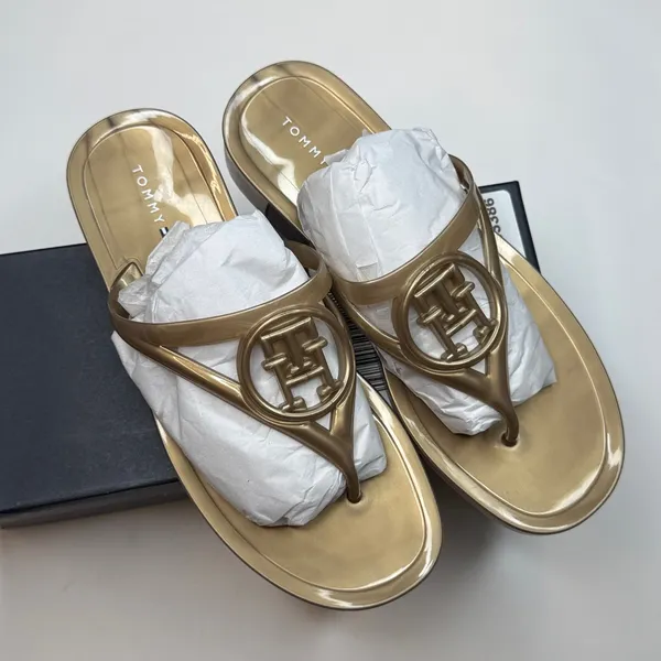 Tommy Hilfiger Women's Vedna Cutout Logo Jelly Thong Sandals- Gold- Size 6 - Image 4