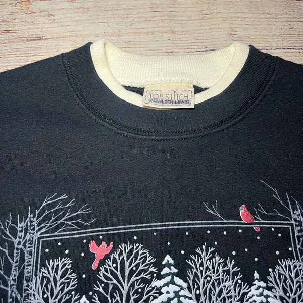 90s Top Stitch Morning Sun Black Red Cardinal Christmas Sweatshirt winter sz L - Image 4