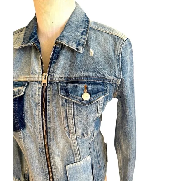 Lucky Brand Patchwork Tommy Trucker Denim Jacket Jean Jacket Zip Front Blue S - Image 5