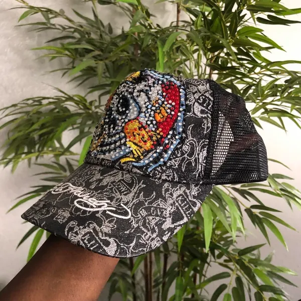Don Ed Hardy Y2K 2000s Rhinestone Skull Trucker Unisex Mesh Snapback Hat Cap Bling Graphic Goth Grunge Bimbo Scene Streetwear Emo Alt Adjustable Embroidered Gray Black - Image 2