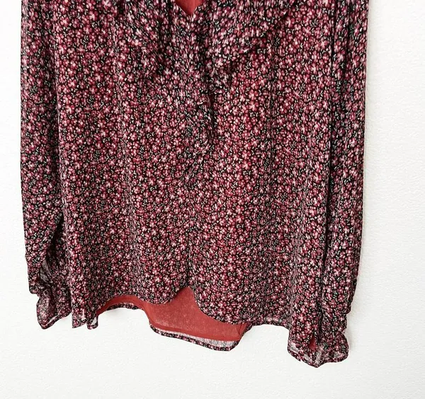 [LOFT] Red Black Floral Print Ruffle Neck Long Sleeve V-Neck Blouse Size Large L - Image 8