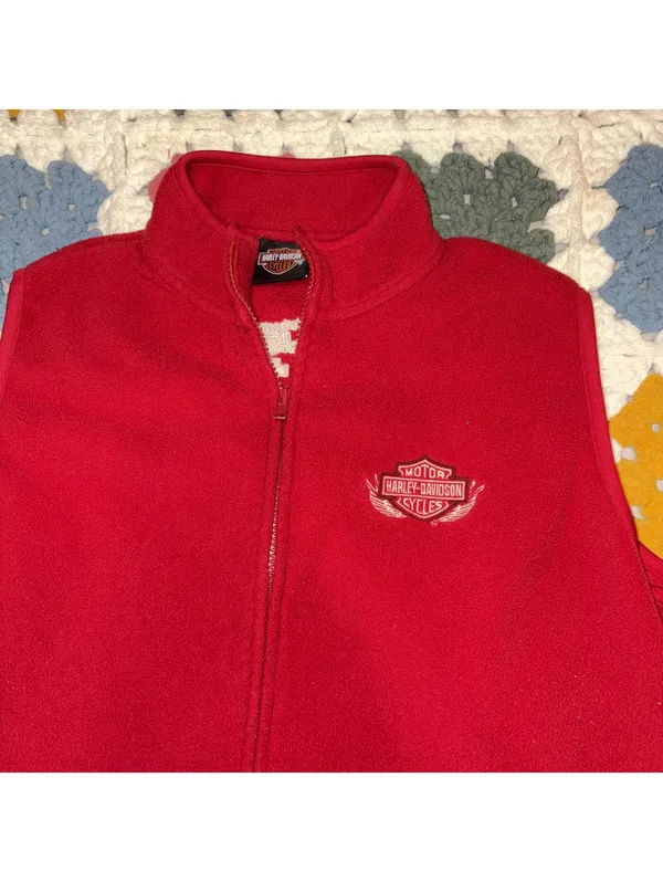 Harley-Davidson $80 Woman's Medium Embroidered Red Fleece Zip Front Vest - Image 2