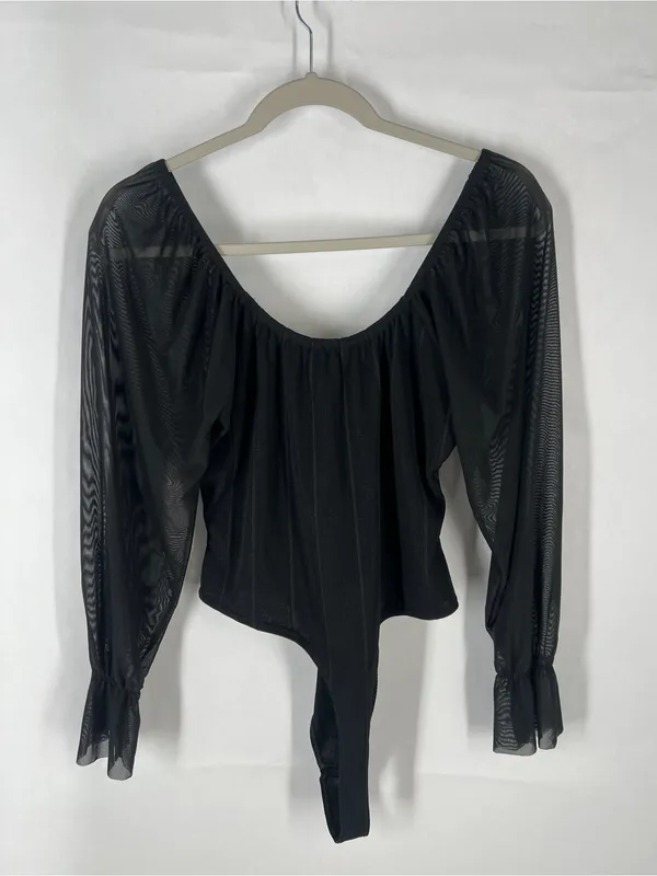 PrettyLittleThing Black Ribbed Mesh Sleeve‎ Bodysuit US 12 NWT - Image 9