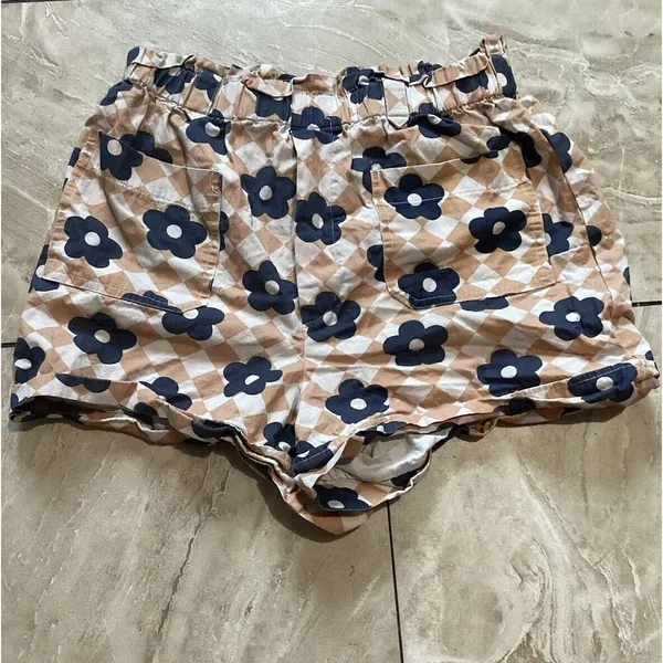 Maeve Beige Blue Floral High Waist Paper Bag Shorts 100% Cotton S - Image 2