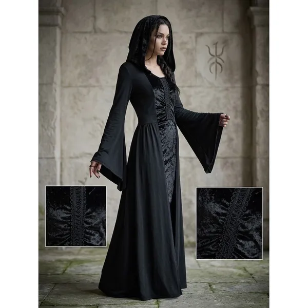 Gothic Hooded Maxi Dress Black Velvet Bell Sleeve Medieval Witchy Gown M/L - Image 2