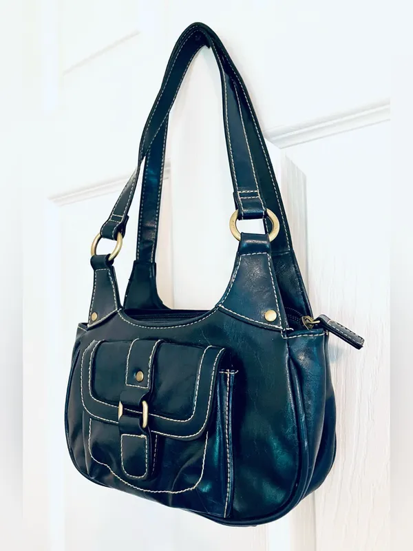 Navy Blue Shoulder Bag Purse Tote w/ Gold-Tone Accents: Faux Leather, Small - Image 11