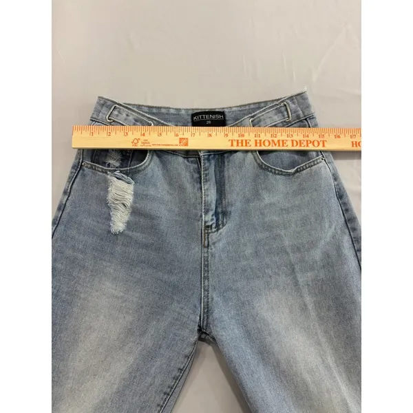 Kittenish High Waisted Distressed Straight Leg Jeans Light Wash‎ Size 28 - Image 7