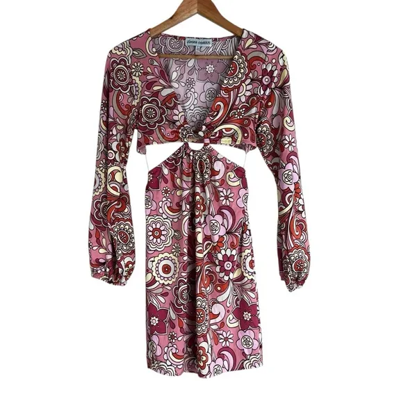 Almost Famous Retro Floral Psychedelic Cutout Mini Dress Pink 70s Hippie Size L - Image 2