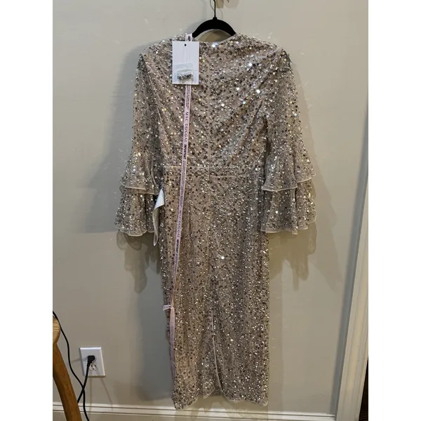 NWT Mac Duggal FULLY SEQUINED TIERED 3/4 SLEEVE MIDI Nude Size 6 - Image 6