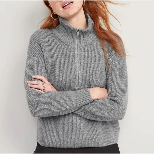Old Navy Women's Gray Ribbed Knit Quarter Zip Sweater Size Medium Preppy - Image 2