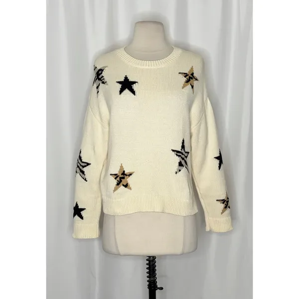 RAILS Perci Animal Star Sweater Ivory Black Camel Cotton Blend Knit X-Small - Image 2