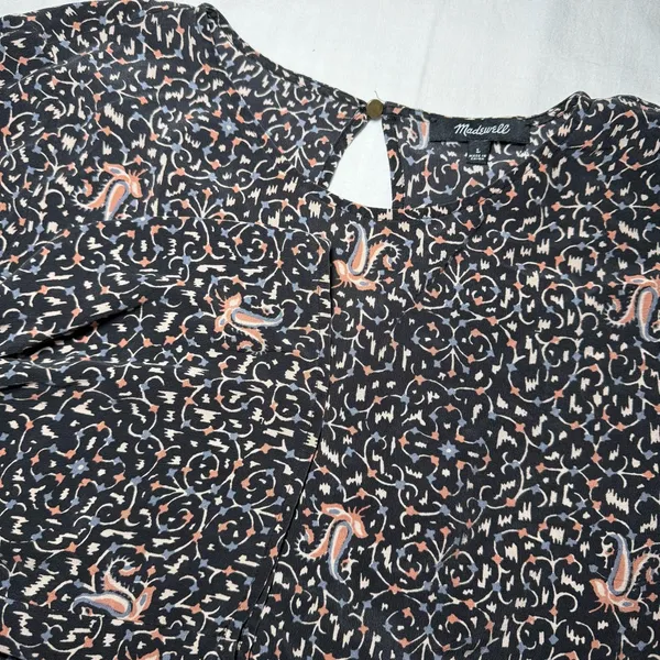 Madewell 100% Silk Blouse Large Black Floral Peasant Cottagecore Ruffle Sleeve - Image 2