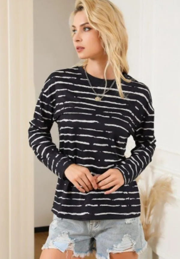 NEW Black Long Sleeve Casual Crewneck Top with White Abstract Stripes - Image 5