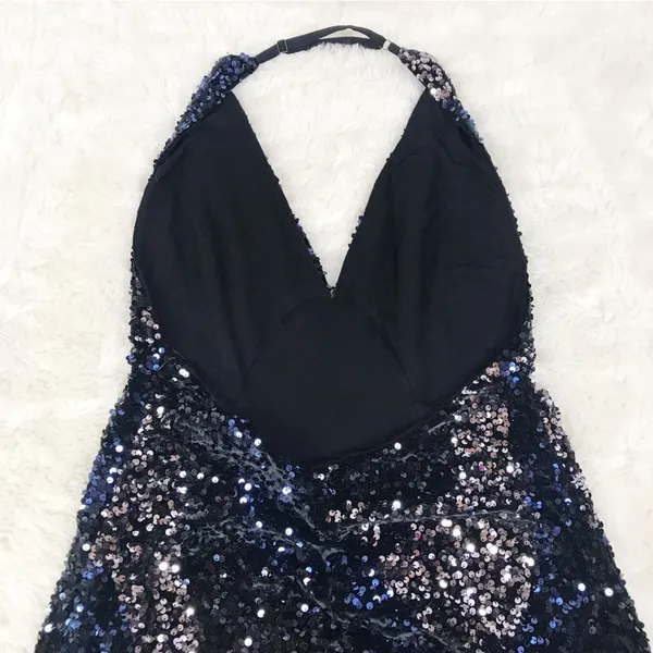FREE PEOPLE Glitter & Gold Sequin Velvet Midi Dress‎ Blue Black Size Medium New - Image 13