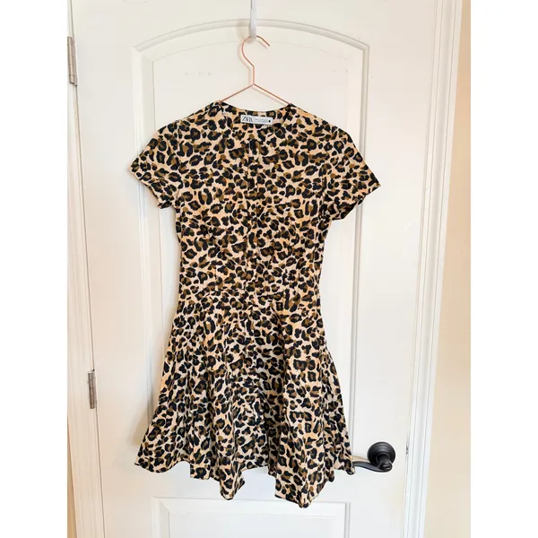 Zara Mini Dress Womens XS‎ Brown Leopard Print Button Front Cotton Short Sleeve - Image 2