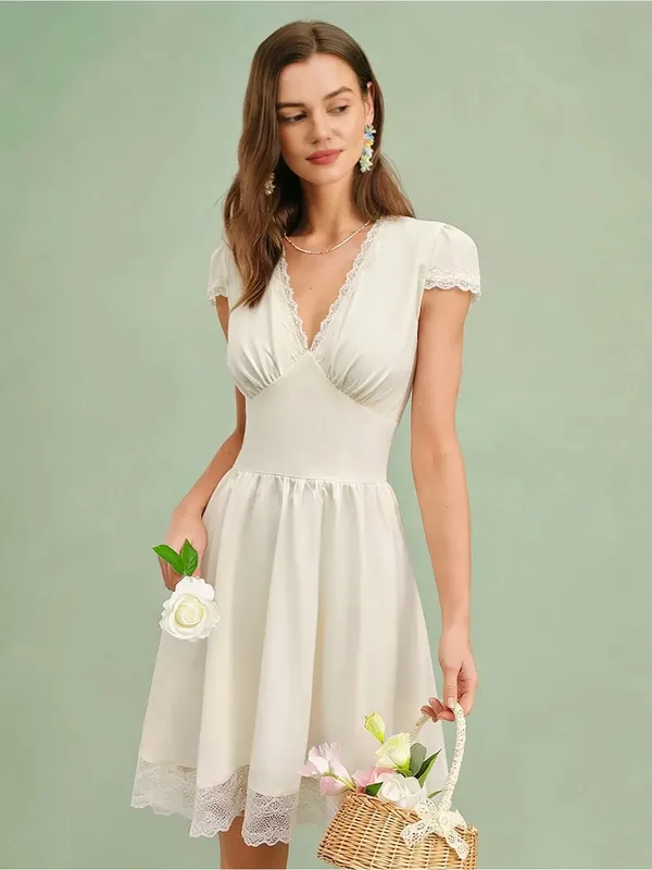 Rihoas Apricot V Neck Lace Splicing Mini Dress - Image 3