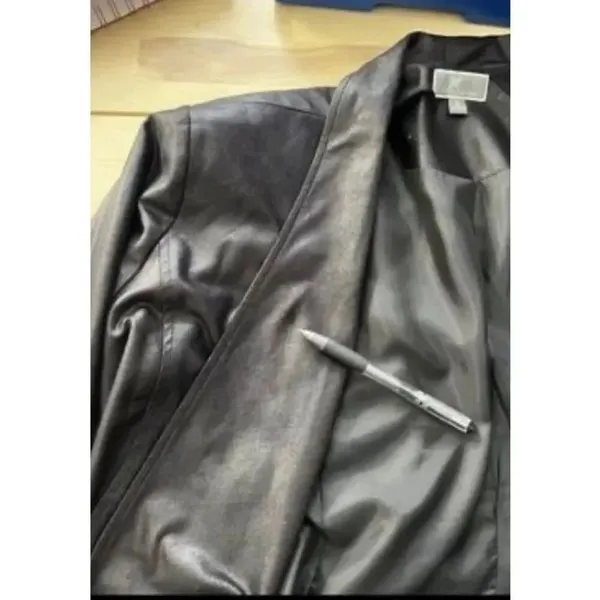 JM Collection Vegan Leather Draped Black Jacket Size M Open Front Blazer Casual - Image 8