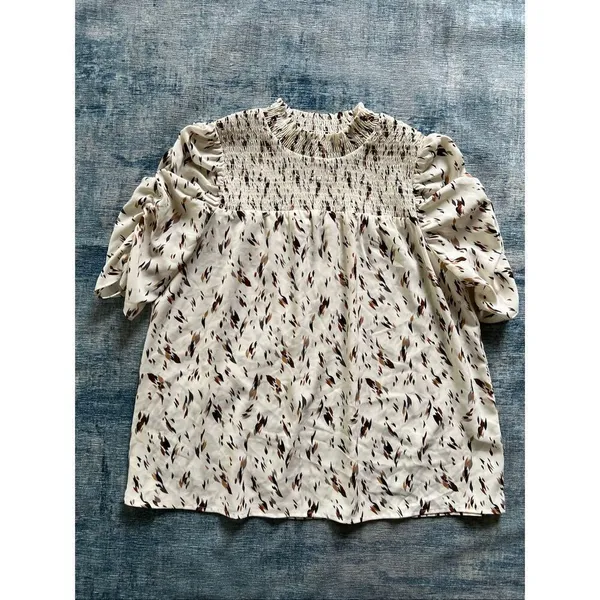 THML Cream Tan Brown Feather Not In My Cap Ruched Half Sleeve Blouse Medium - Image 2
