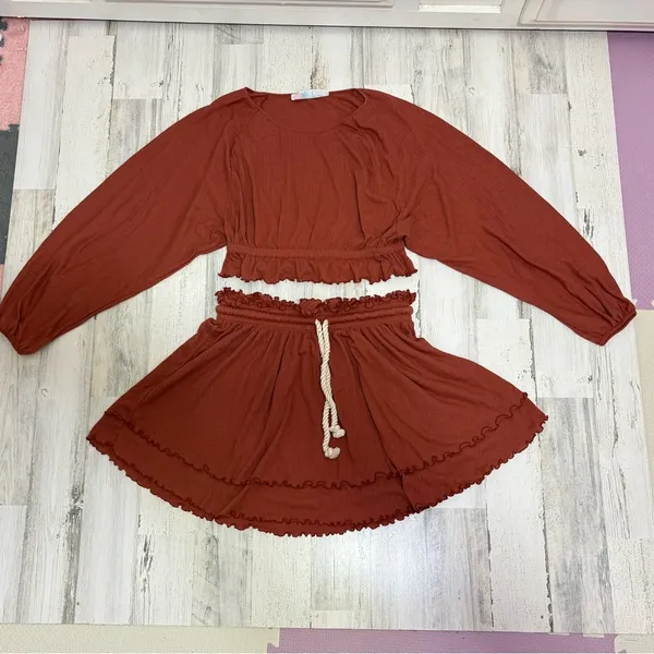 Free People Beach 2 Piece Lounge Set Small Terracotta Ribbed Crop Top Mini Skirt - Image 2