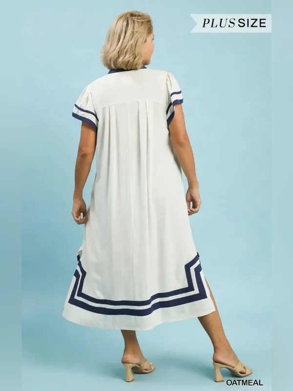 New! Umgee Linen Cotton Contrast Neckline Midi Contrast Trim Plus Size Dress XL - Image 5