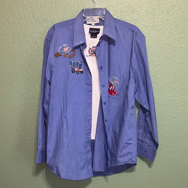 80s 90s vintage western cowboy cowgirl rodeo patriotic blouse shirt set - Image 2