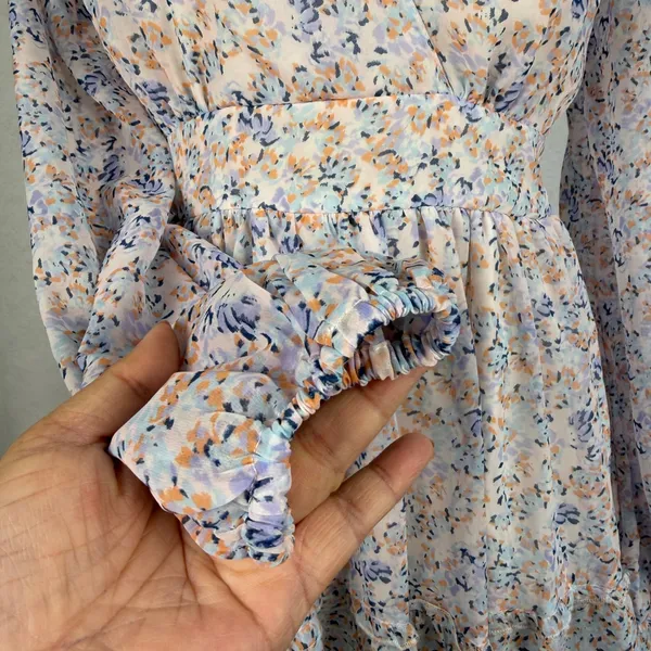 Floral Long Sleeve Mini Dress‎ Smocked Waist V-Neck Back Tie Medium Wedding Boho - Image 4
